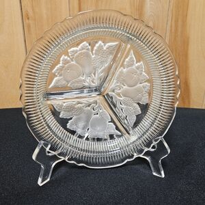 Vintage Glass Divided Relish Dish with Etched Frosted Fruit Design Pear & Berry